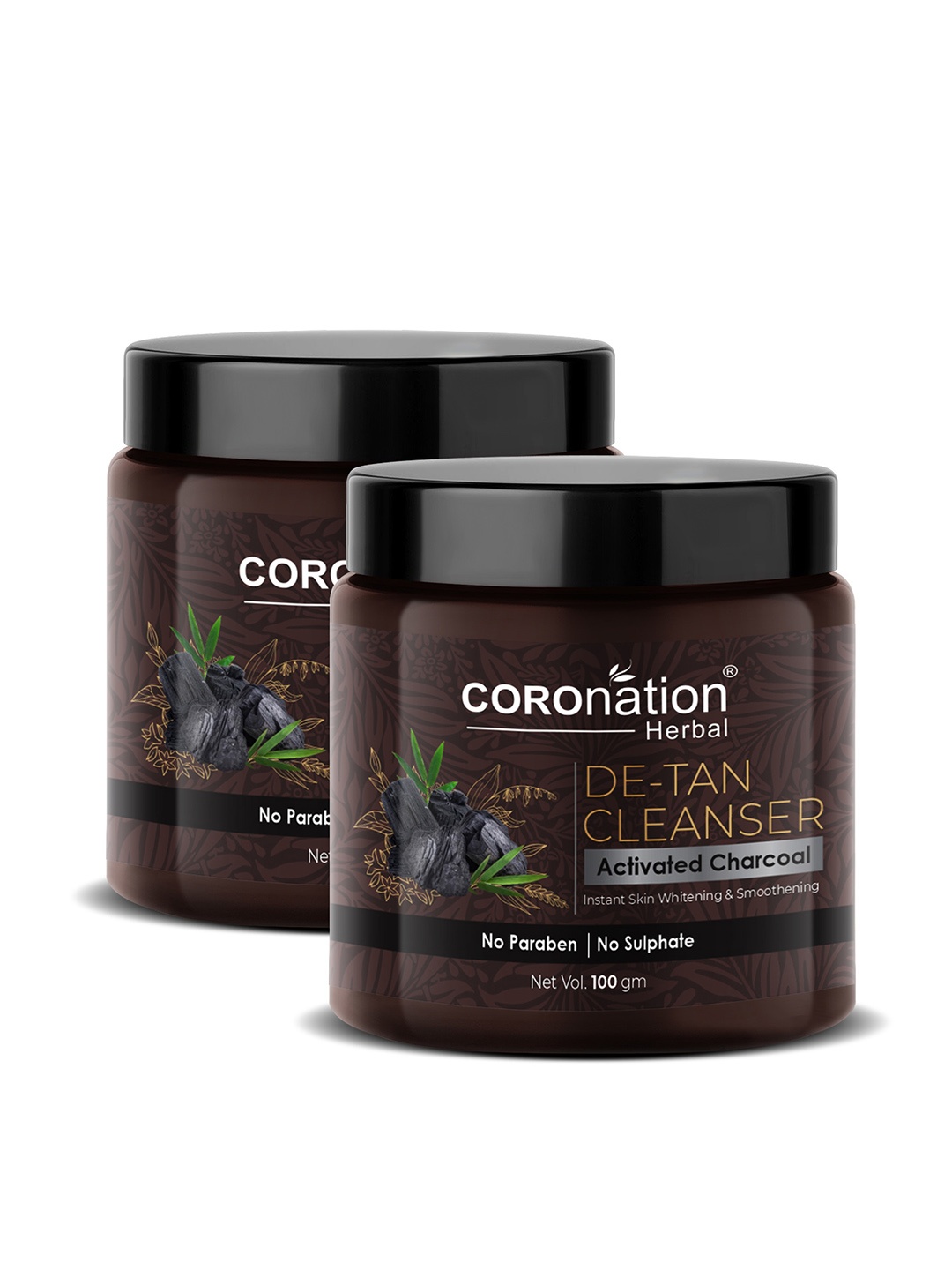 

COROnation Herbal Set of 2 Skin Whitening Activated Charcoal De-Tan Cleanser 100 gm Each, Brown