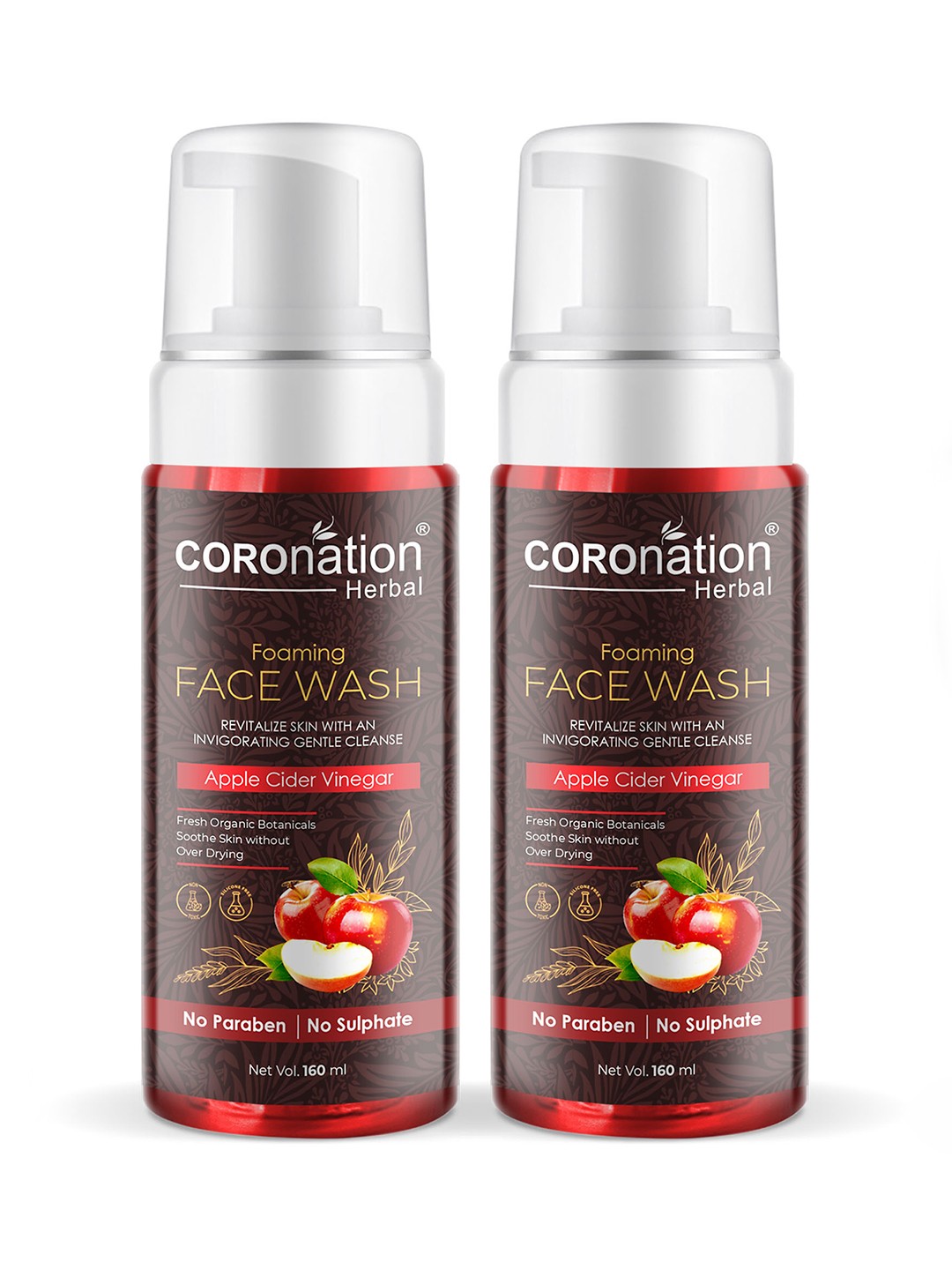 

COROnation Herbal Set of 2 Apple Cider Vinegar Foaming Face Wash 160 ml Each, Brown