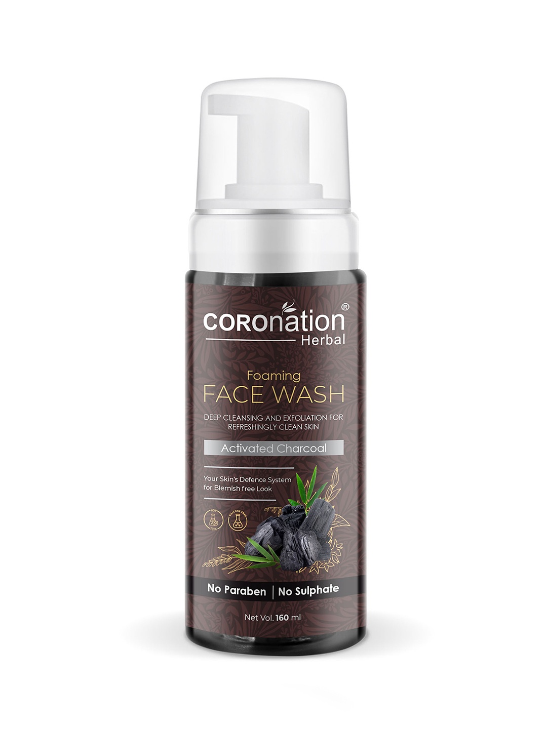 COROnation Herbal Activated Charcoal Foaming Face Wash 160 ml, Brown