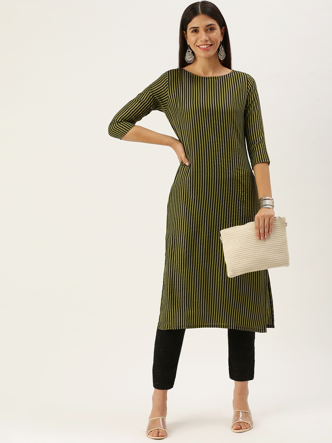 

Saanjh Green & Black Striped Boat Neck Straight Kurti