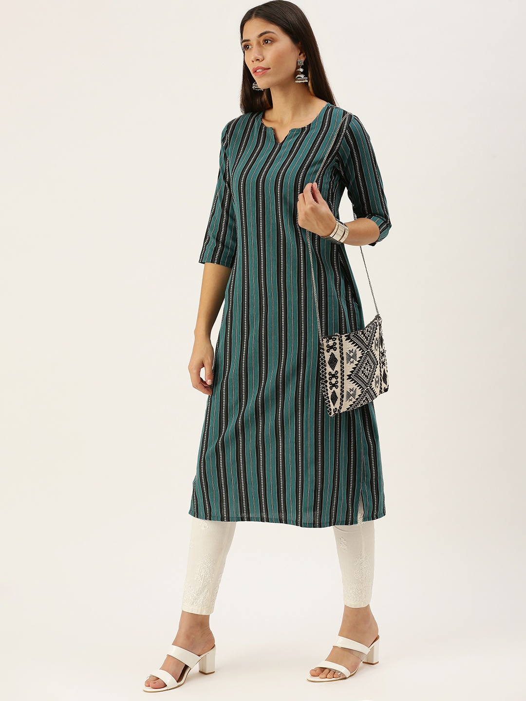 

Saanjh Turquoise Blue & Black Striped Straight Kurti