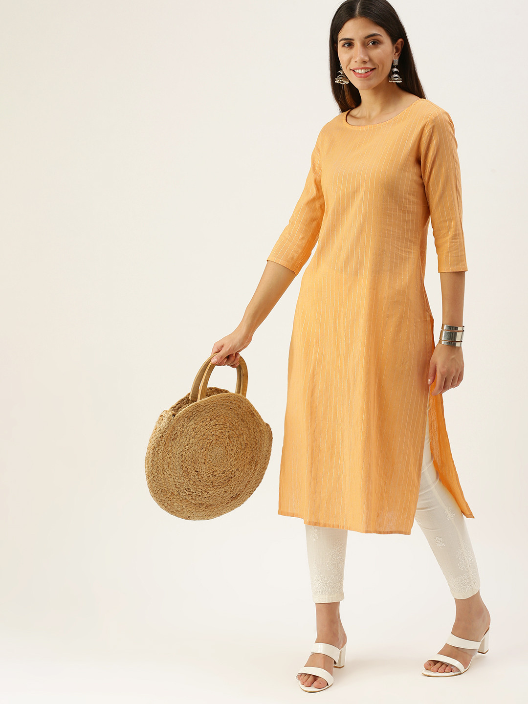 

Saanjh Yellow & Beige Striped Boat Neck Straight Kurti