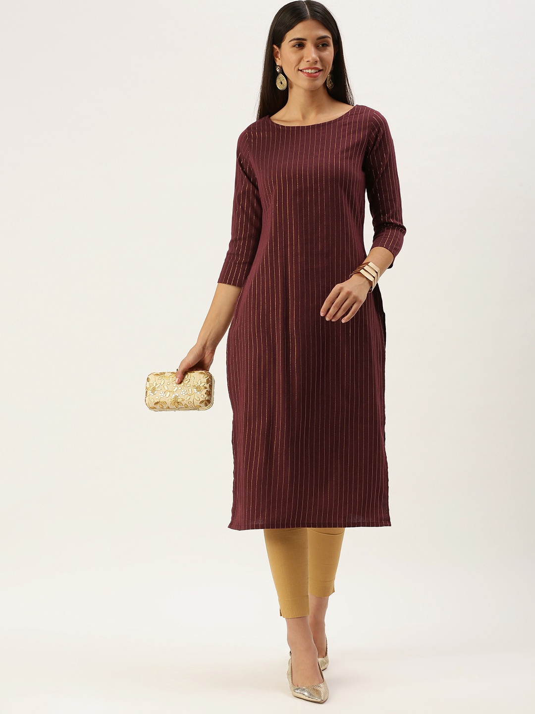 

Saanjh Burgundy & Yellow Striped Boat Neck Straight Kurti