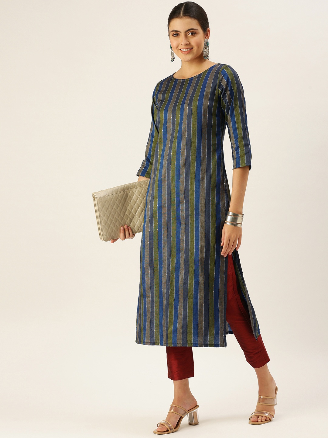 

Saanjh Multicoloured Striped Boat Neck Straight Kurti, Multi