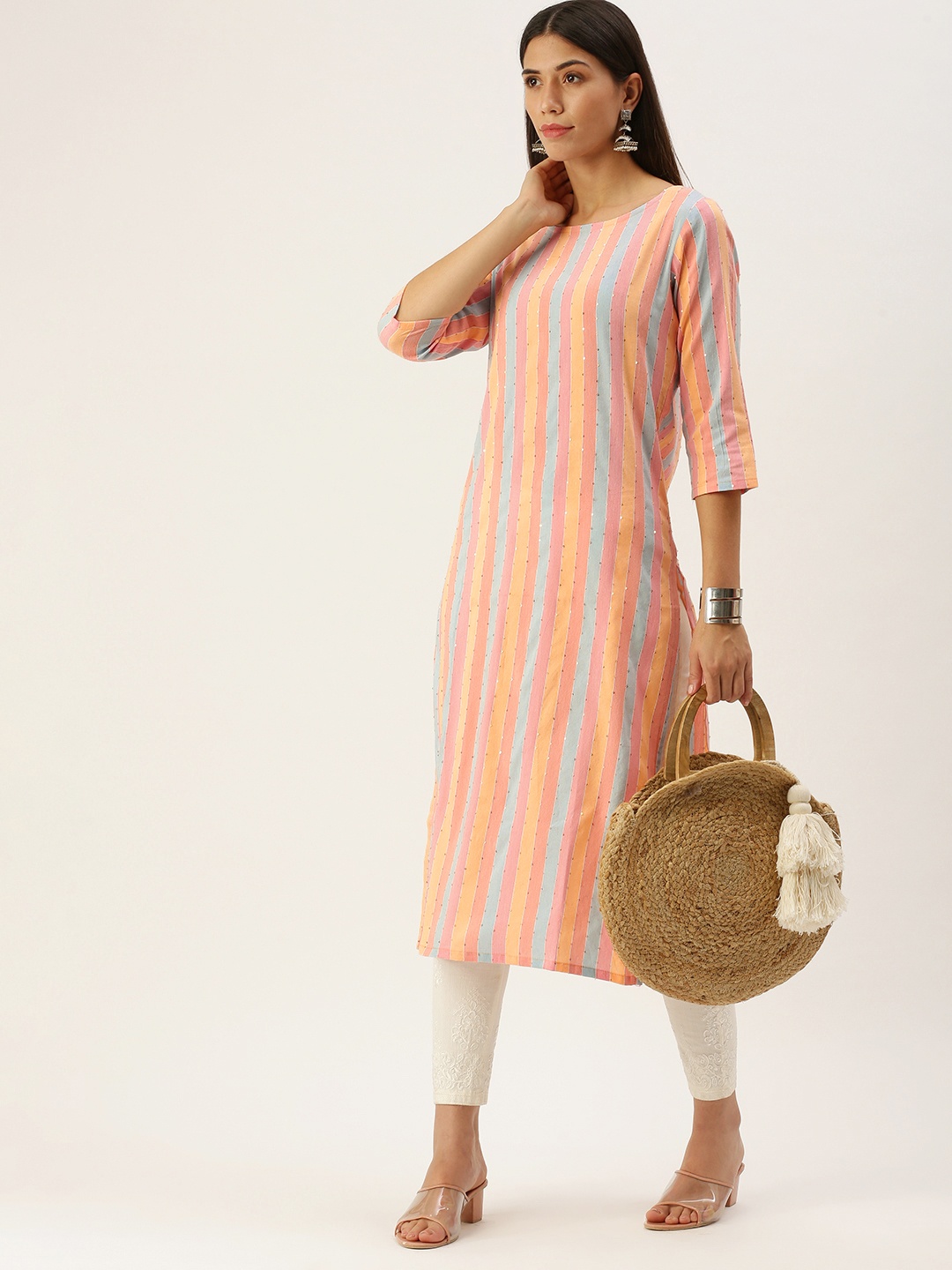 

Saanjh Multicoloured Striped Boat Neck Straight Kurti, Multi