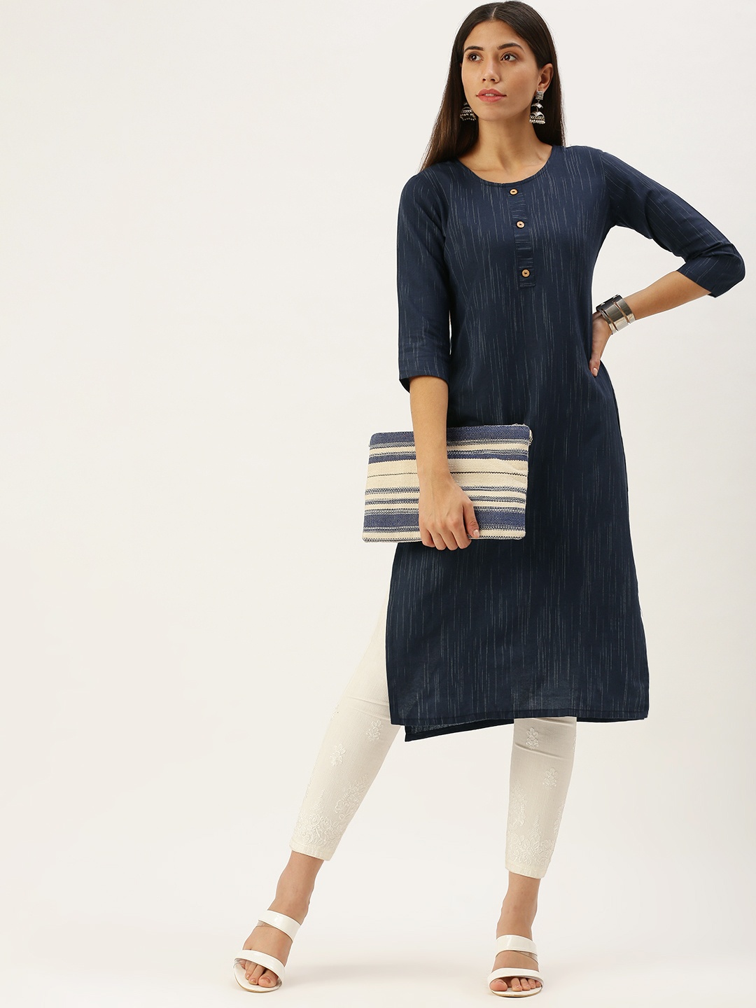 

Saanjh Navy Blue & Beige Straight Self Striped Kurti