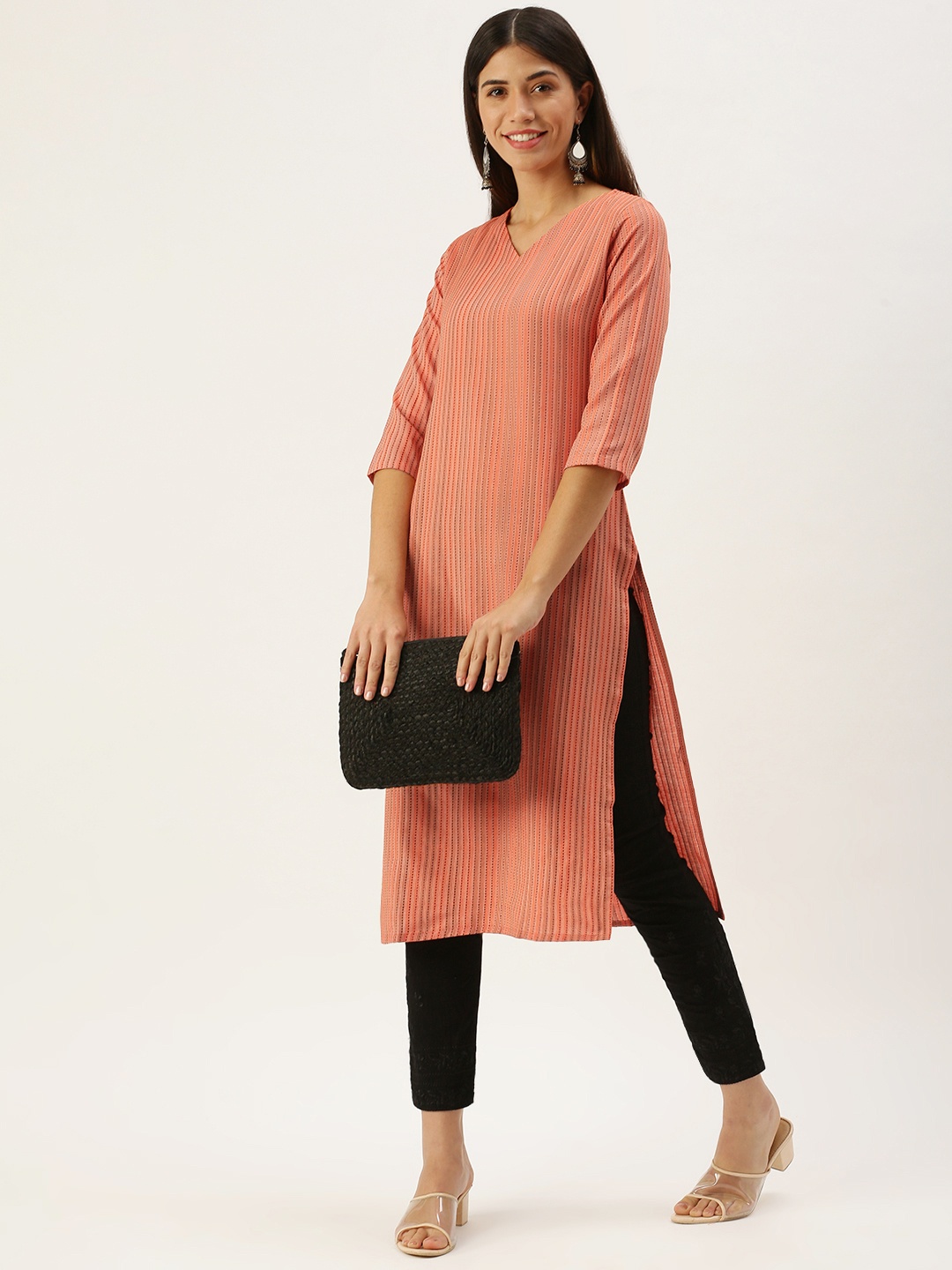 

Saanjh Orange & Black Striped V-Neck Kantha Work Straight Kurti