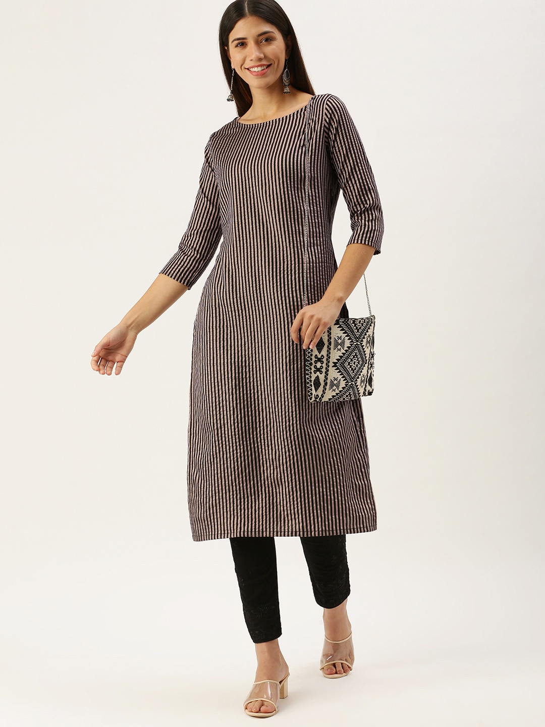 

Saanjh Beige & Black Striped Boat Neck Straight Kurti