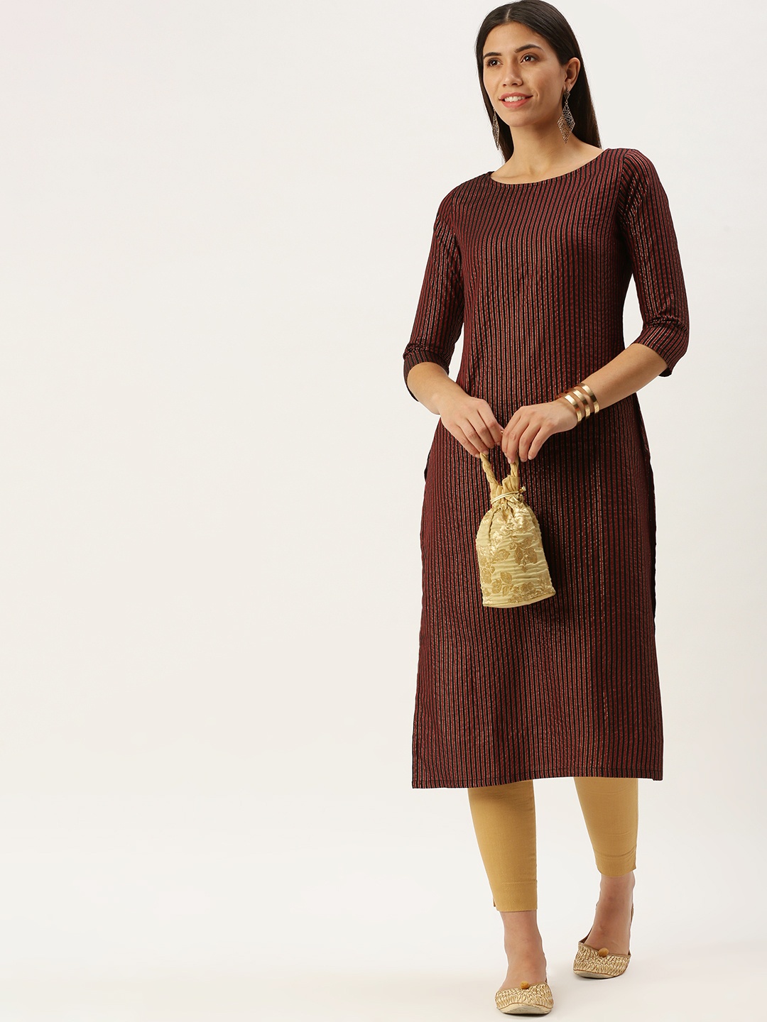

Saanjh Maroon & Black Striped Boat Neck Straight Kurti