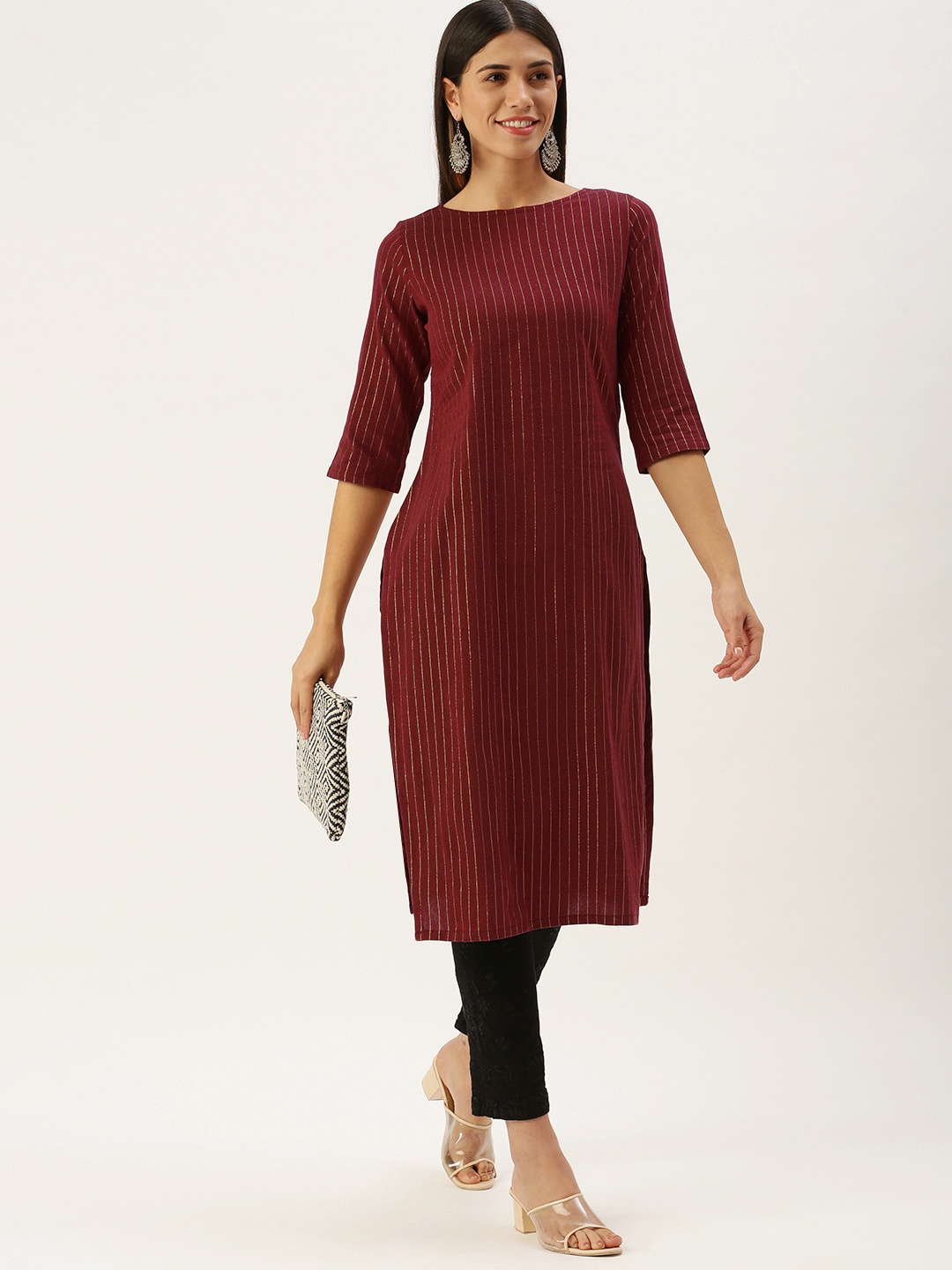 

Saanjh Maroon & Yellow Striped Boat Neck Straight Kurti