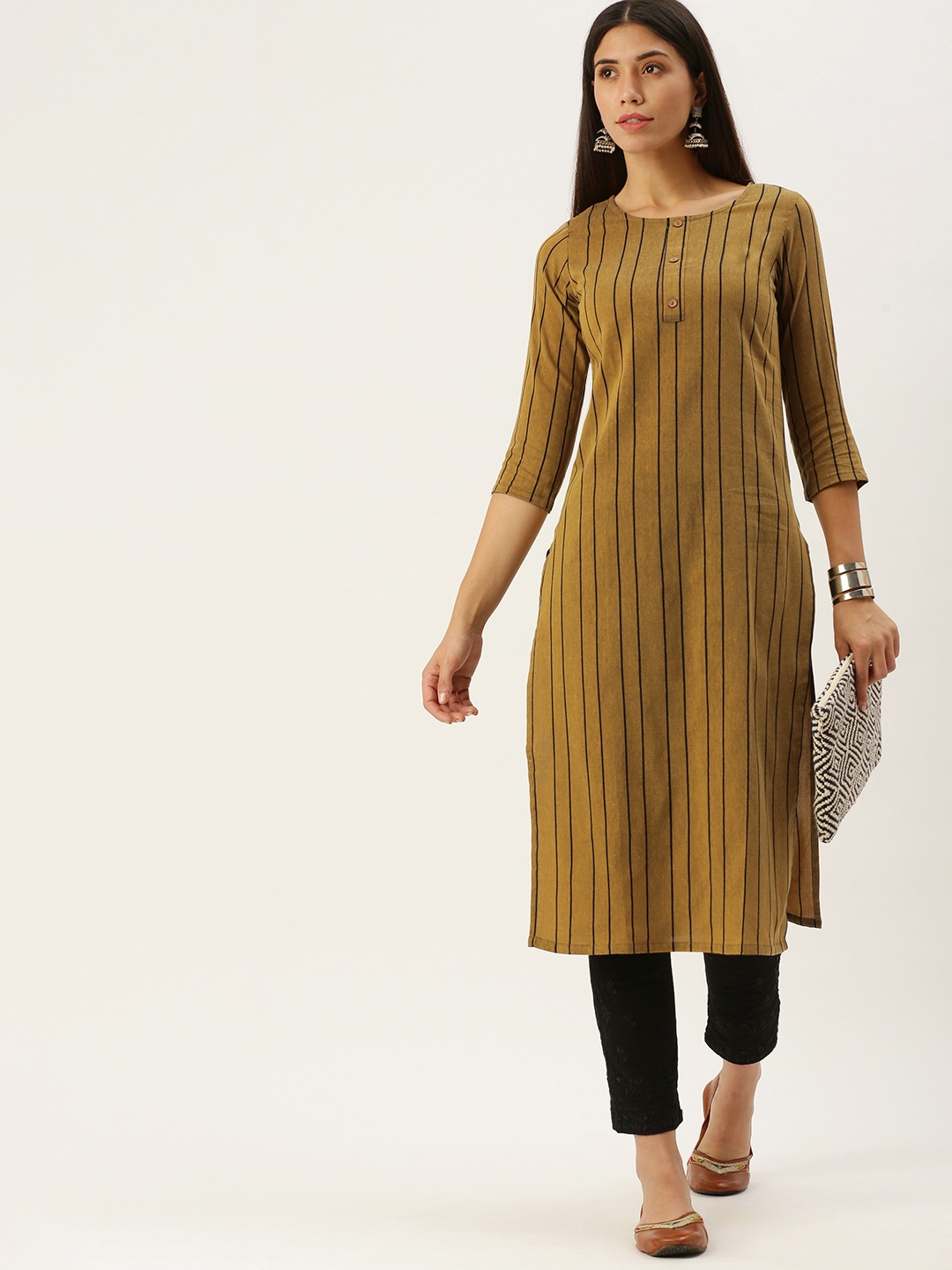 

Saanjh Mustard Yellow & Black Striped Straight Kurti