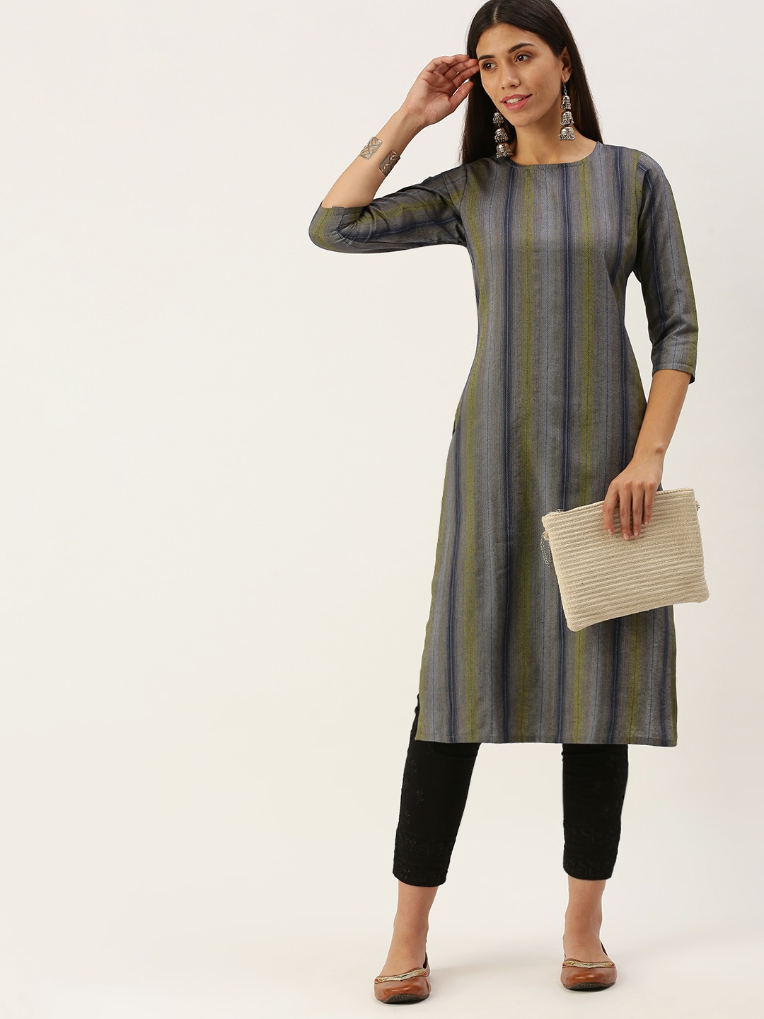 

Saanjh Blue & Green Striped Straight Kurti