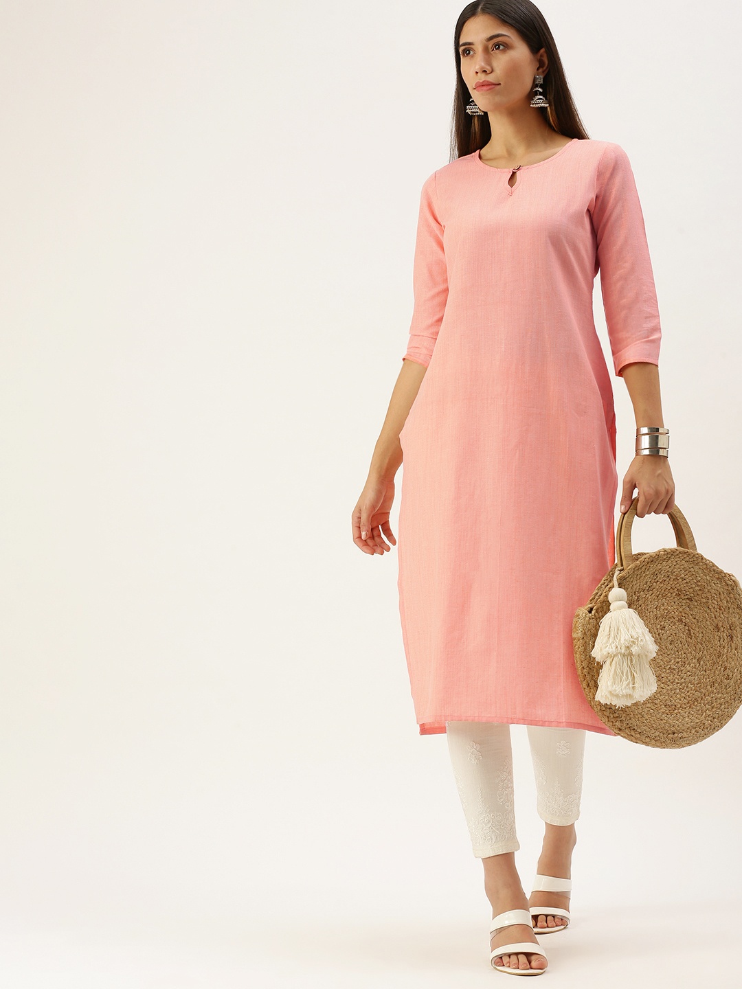 

Saanjh Orange Self Striped Straight Kurti