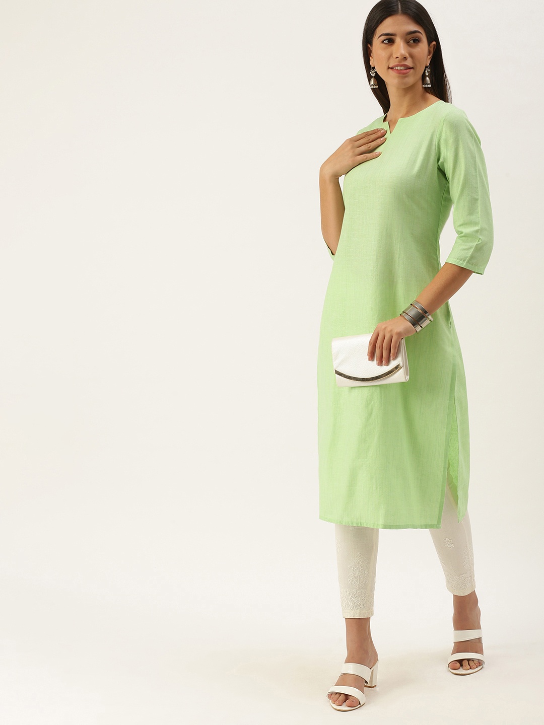 

Saanjh Green Self Striped Straight Kurti