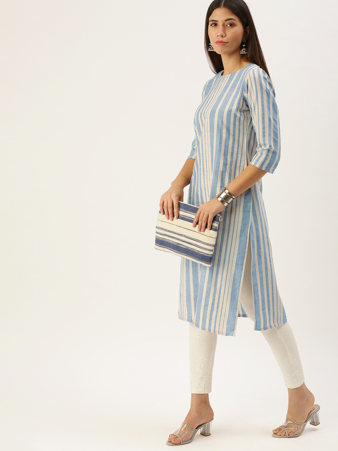 

Saanjh Blue & Cream-Coloured Striped Straight Kurti