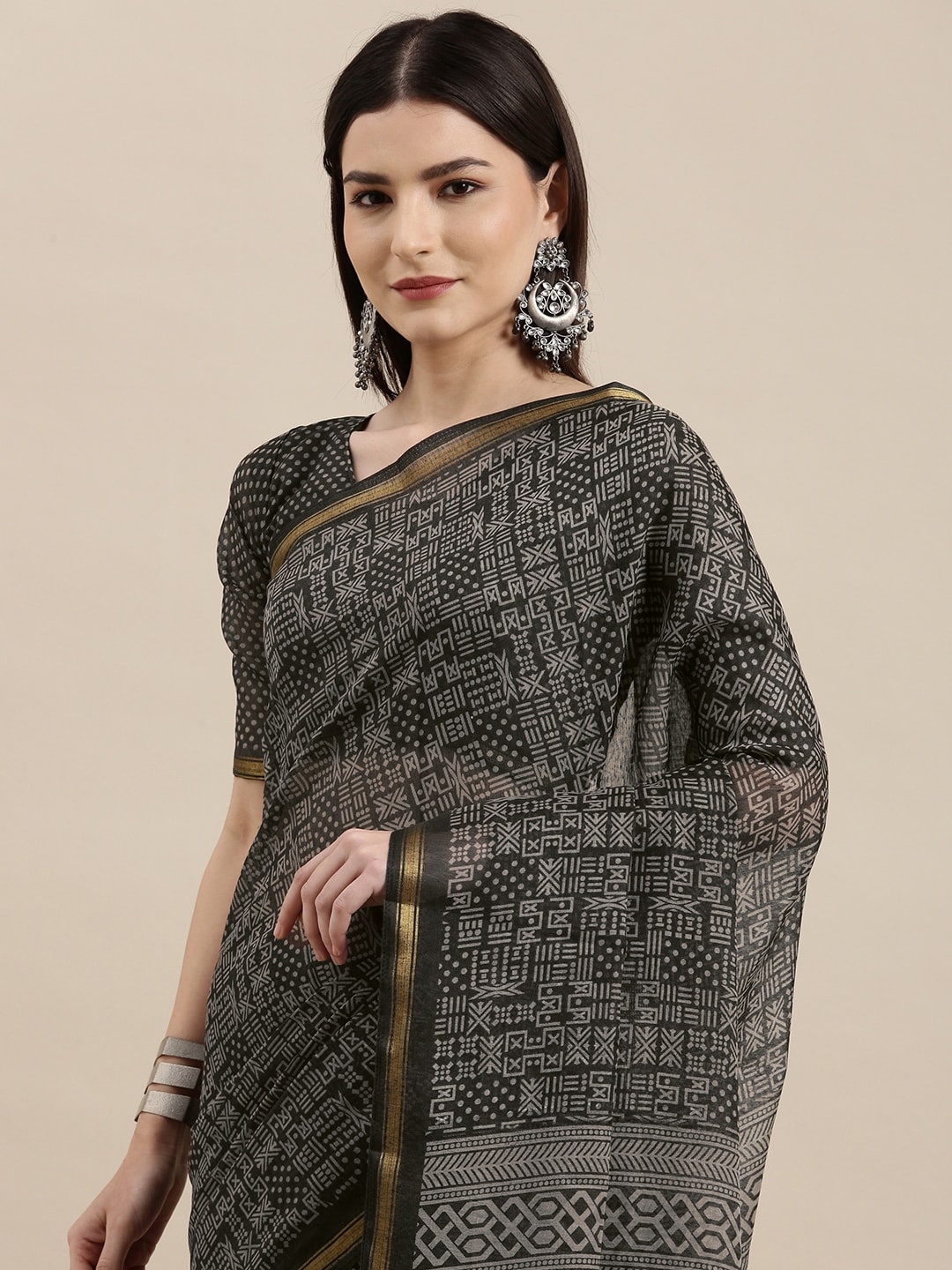 

KALINI Charcoal Grey Ethnic Motifs Zari Saree