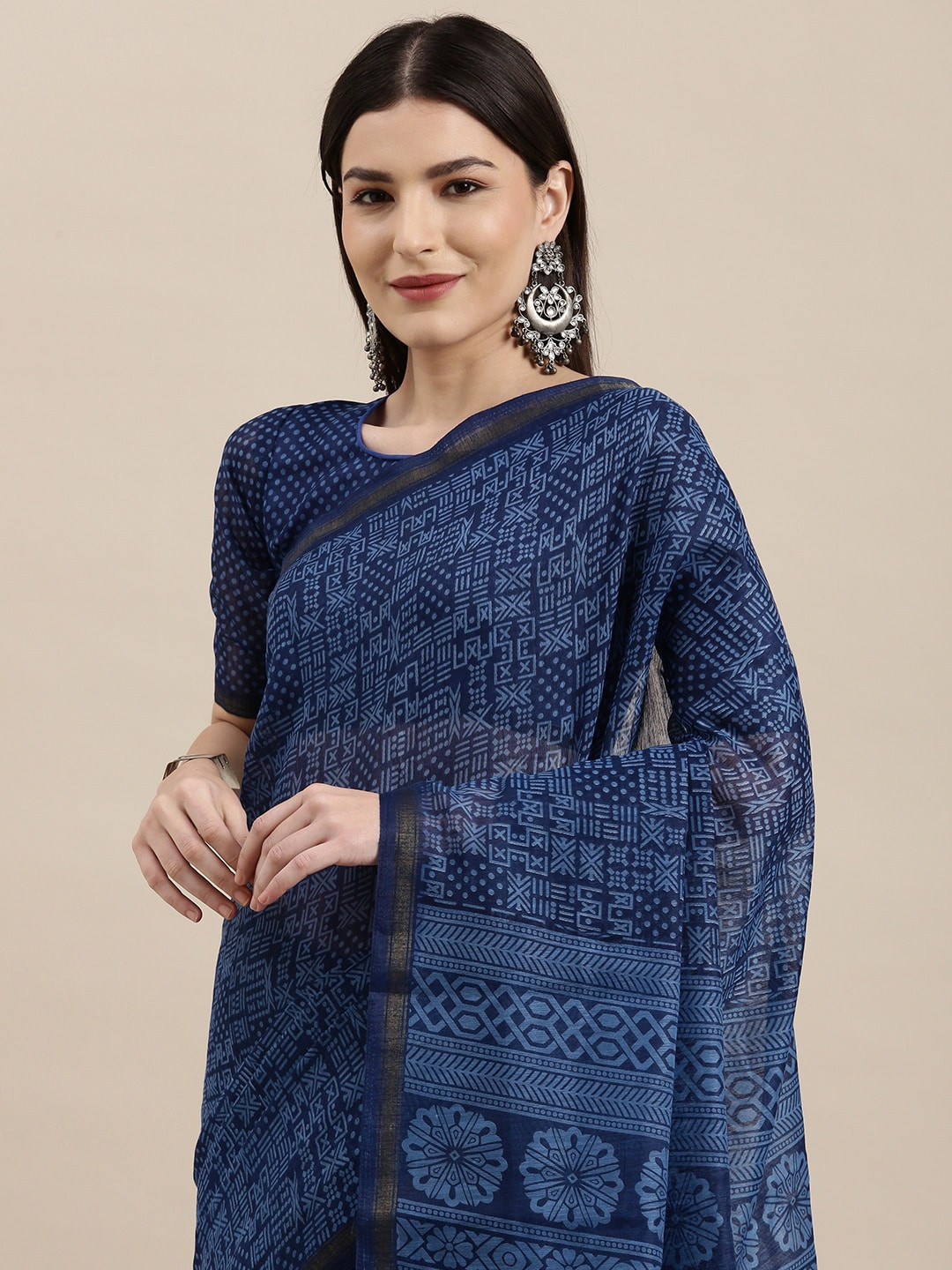 

KALINI Navy Blue Ethnic Motifs Zari Saree