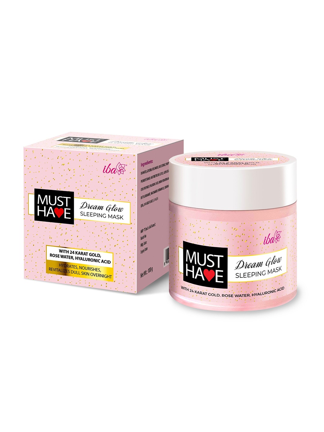

Iba Must Have Dream Glow 24 Karat Gold, Rose Water & Hyaluronic Acid Sleeping Mask 100 gm, Pink