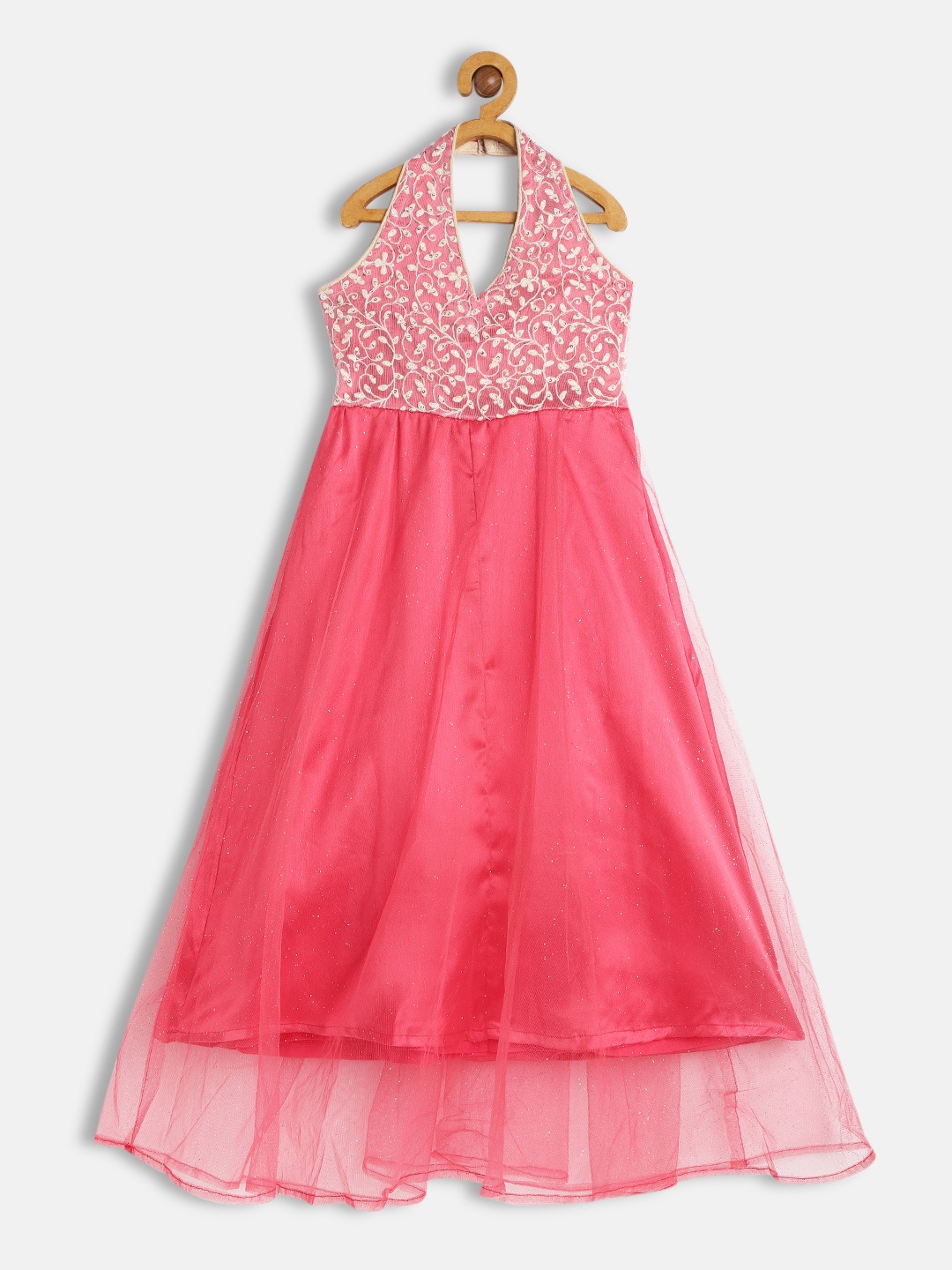 

Twisha Girls Coral Pink Floral Embroidered Halter Neck Net Gown