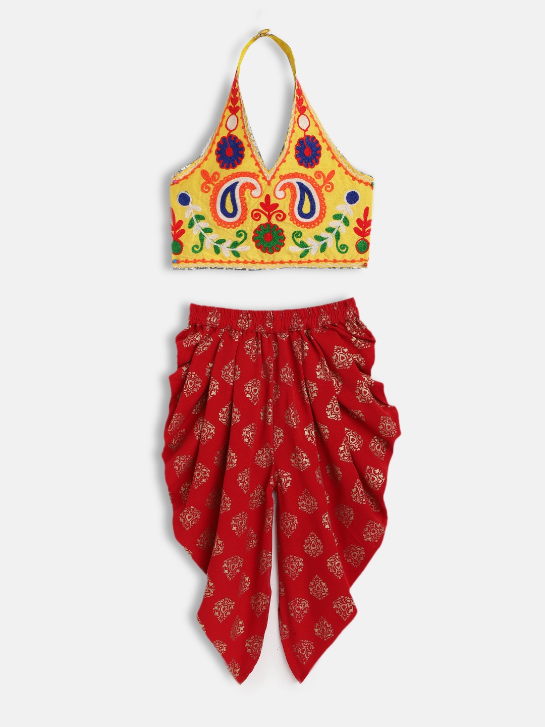 

Twisha Girls Yellow & Red Ethnic Motifs Embroidered Top with Dhoti Pants