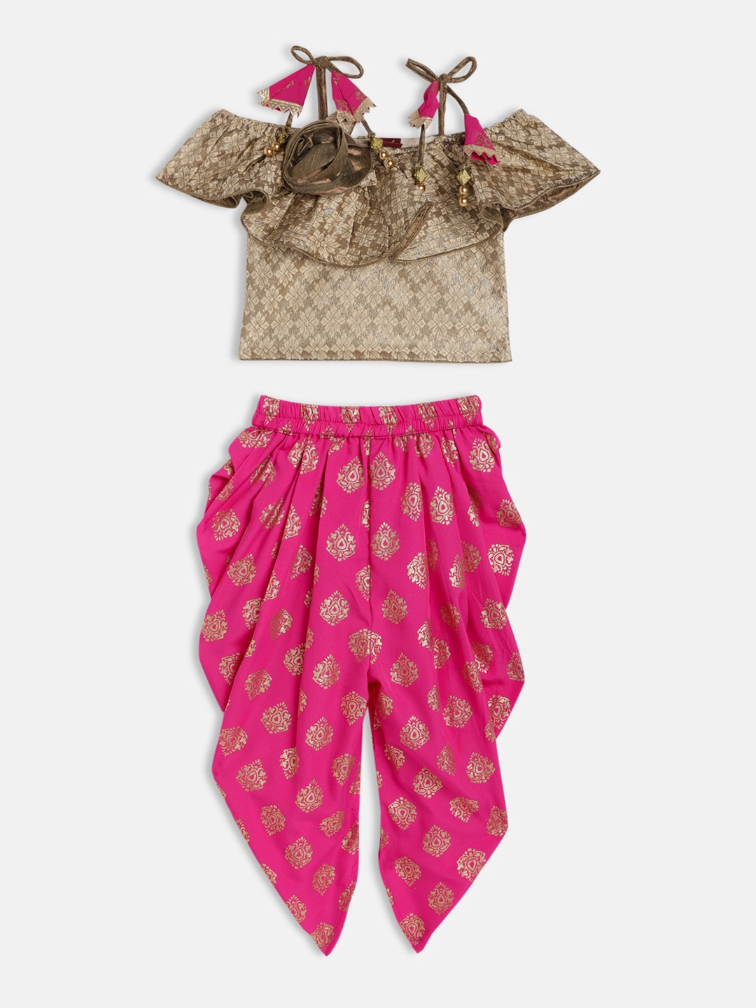 

Twisha Girls Golden & Pink Ethnic Motifs Embroidered Frill Top With Dhoti, Gold