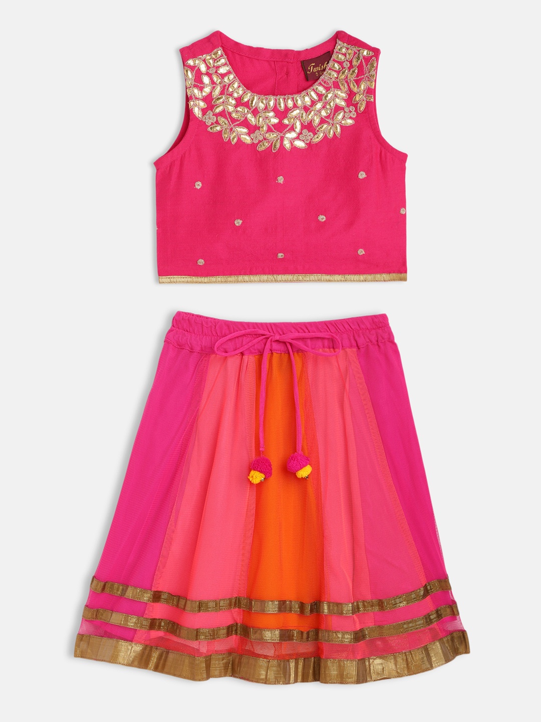 

Twisha Girls Pink & Orange Embroidered Gotta Patti Top with Ghaghra