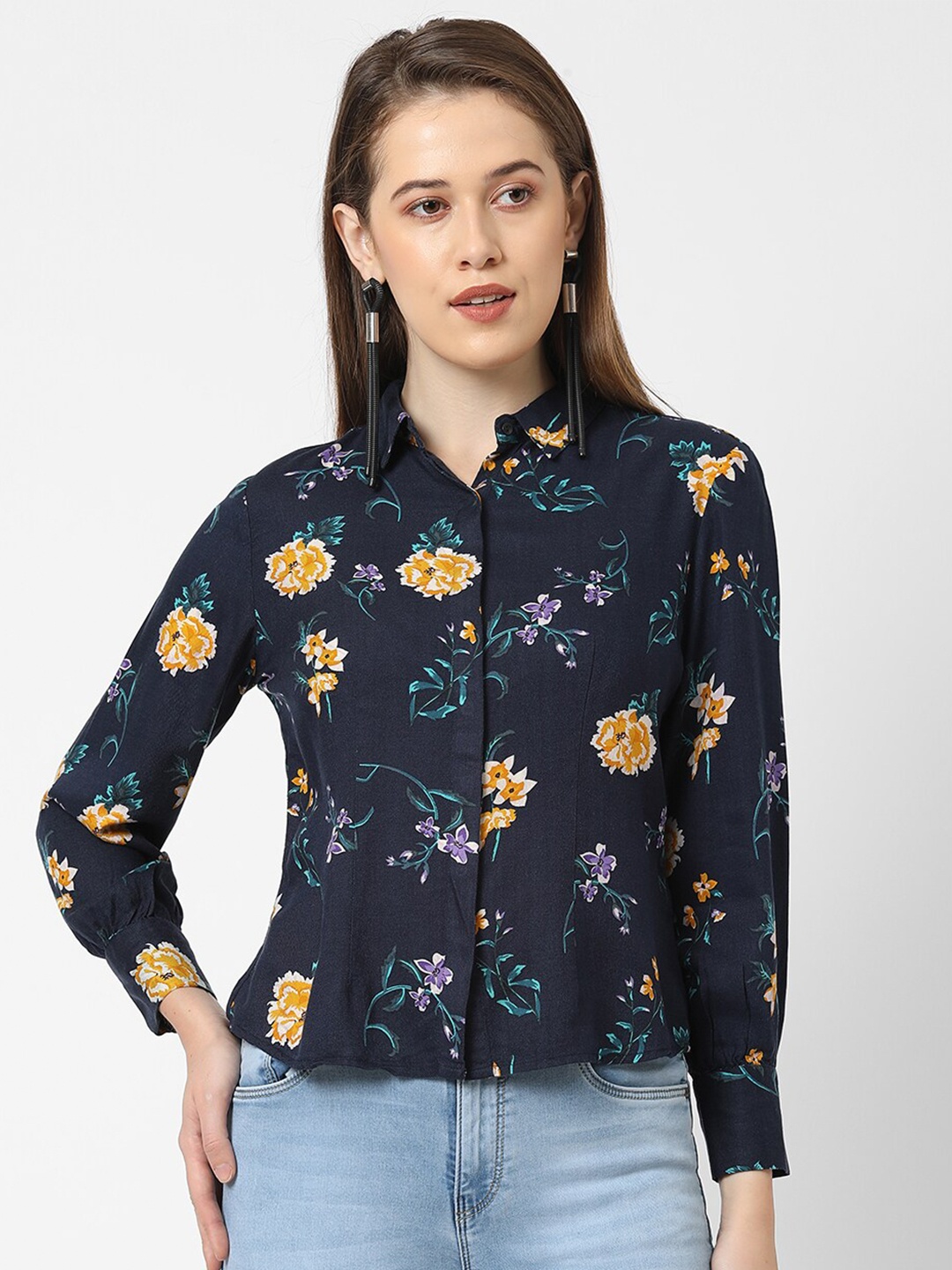 

Kraus Jeans Women Navy Blue Slim Fit Floral Printed Casual Shirt