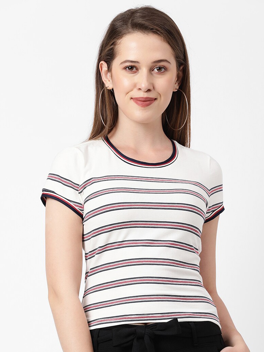 

Kraus Jeans Women Off White & Red Striped T-shirt