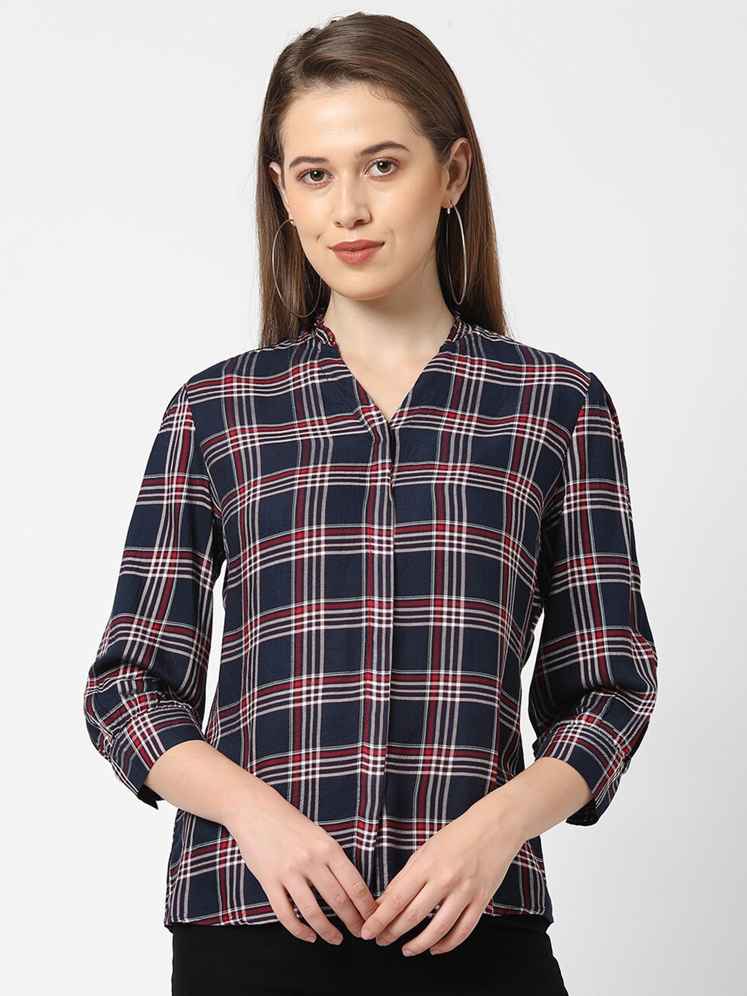 

Kraus Jeans Women Navy Blue Tartan Checks Checked Casual Shirt