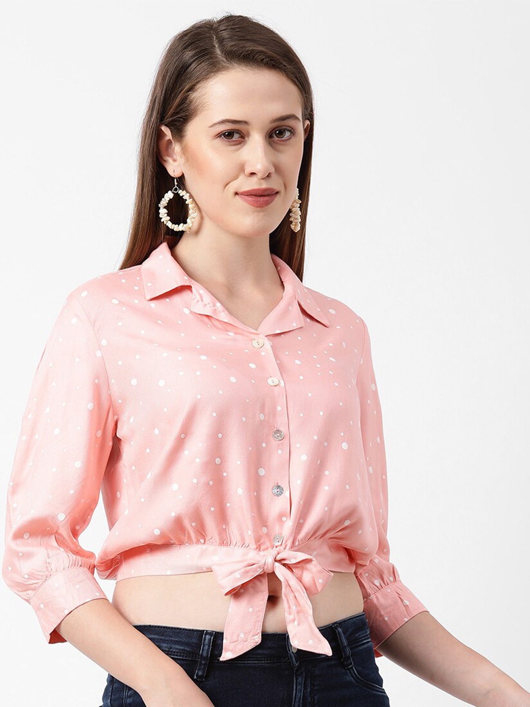

Kraus Jeans Women Peach-Coloured Slim Fit Printed Cropped Casual Shirt