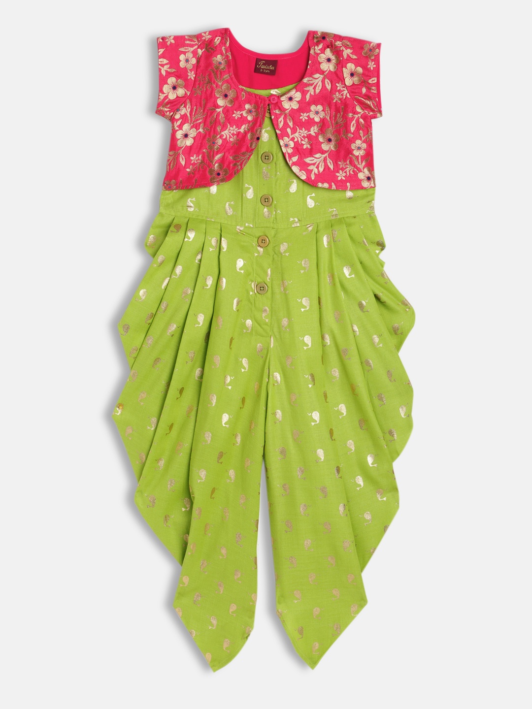 

Twisha Girls Lime Green & Golden Printed Dhoti Style Jumpsuit with Jacket