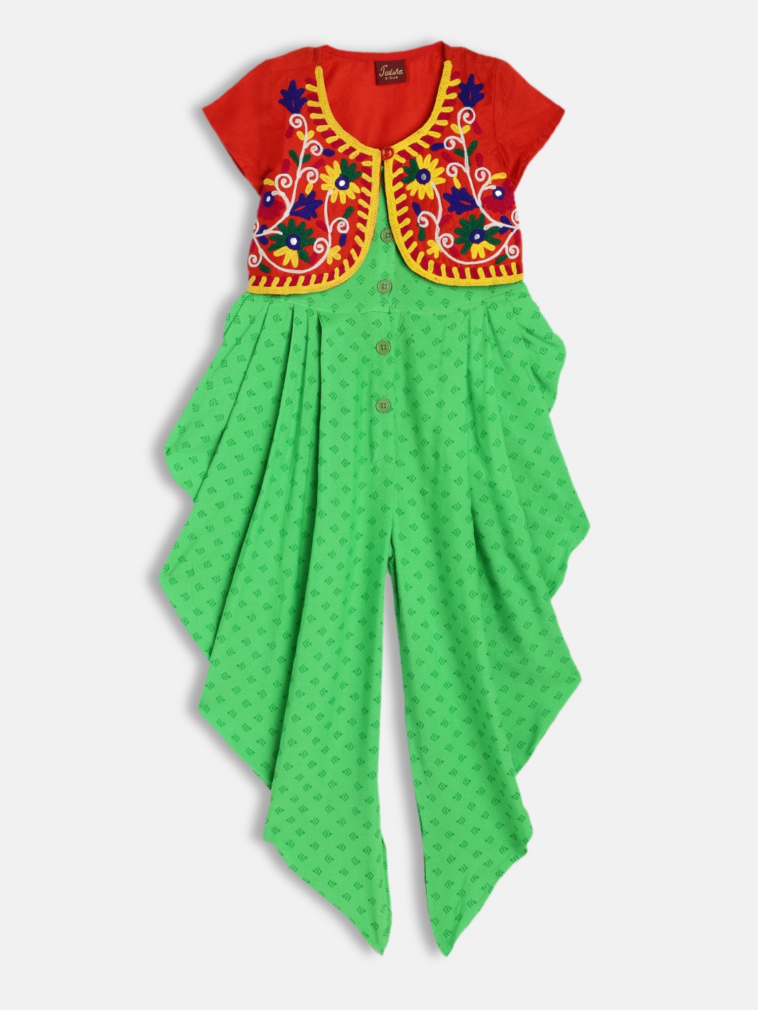 

Twisha Girls Green & Red Printed Dhoti Style Jumpsuit with Jacket