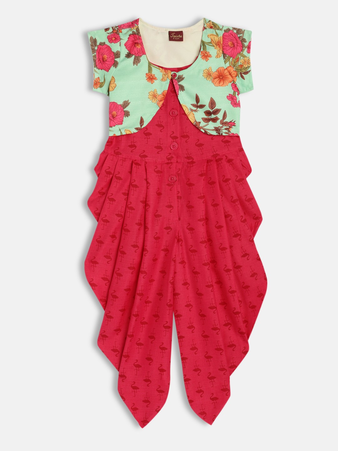 

Twisha Girls Red & Sea Green Printed Dhoti Style Jumpsuit with Jacket