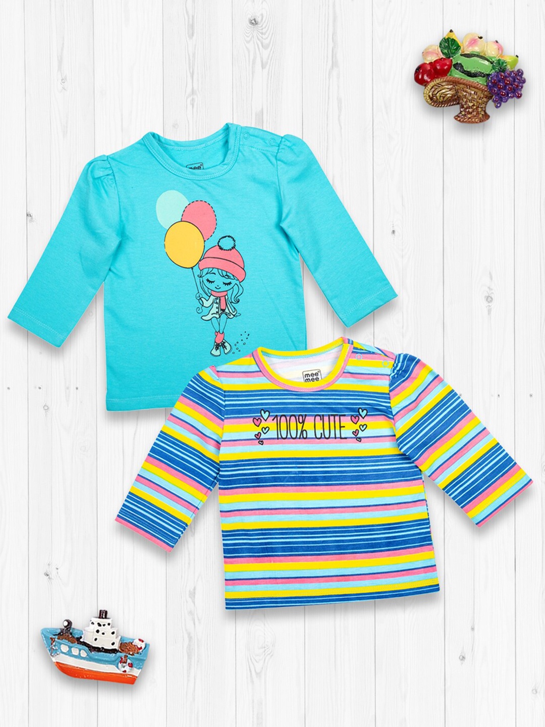 

MeeMee Girls Turquoise Blue Pack of 2 Print Cotton Top