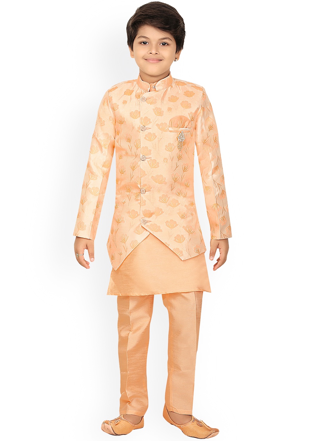 

ahhaaaa Boys Orange Printed Layered Kurta with Pyjamas With Waistcoat