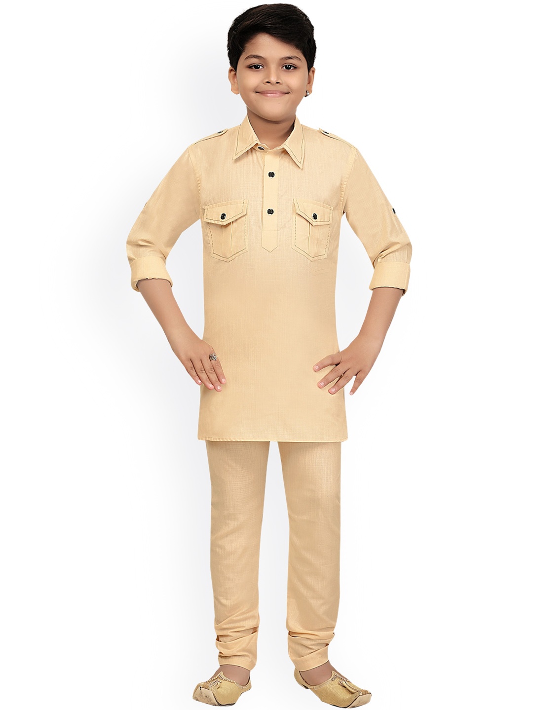 

ahhaaaa Boys Beige Solid Pathani Kurta with Churidar Set