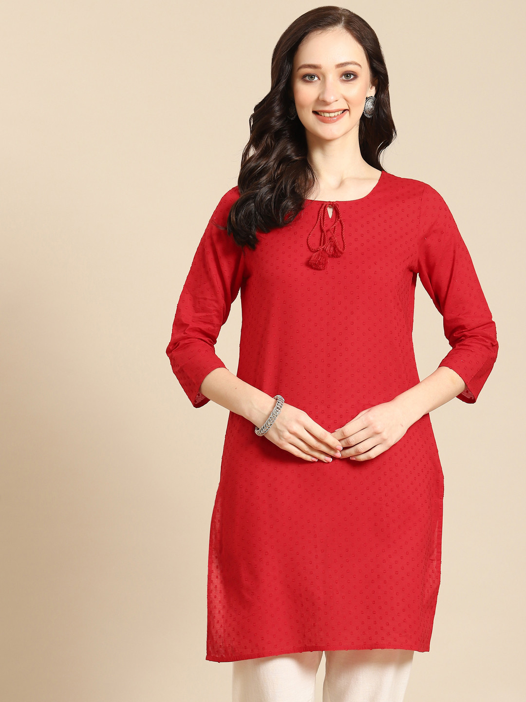 

Prakrti Red Woven Design Pure Cotton Dobby Kurti