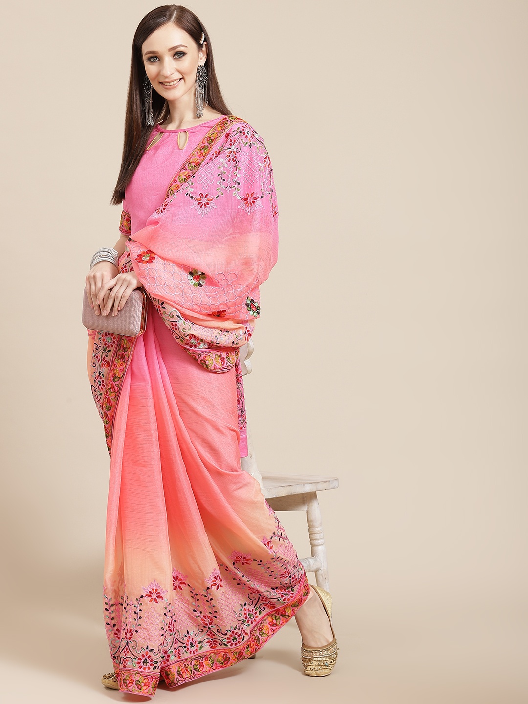 

SERONA FABRICS Pink Ethnic Motifs Embroidered Pure Chiffon Saree