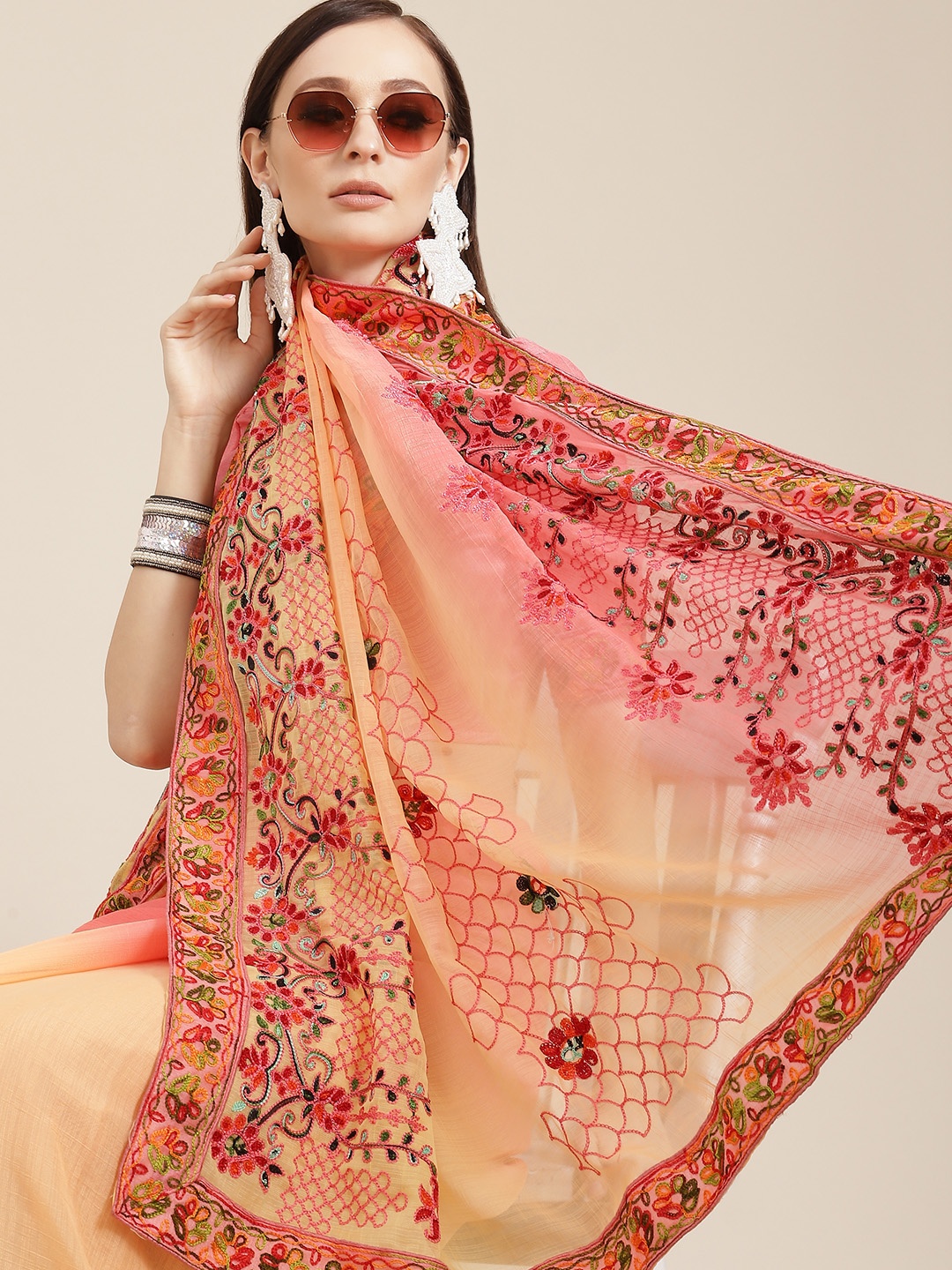 

SERONA FABRICS Beige & Red Ethnic Motifs Embroidered Pure Chiffon Saree