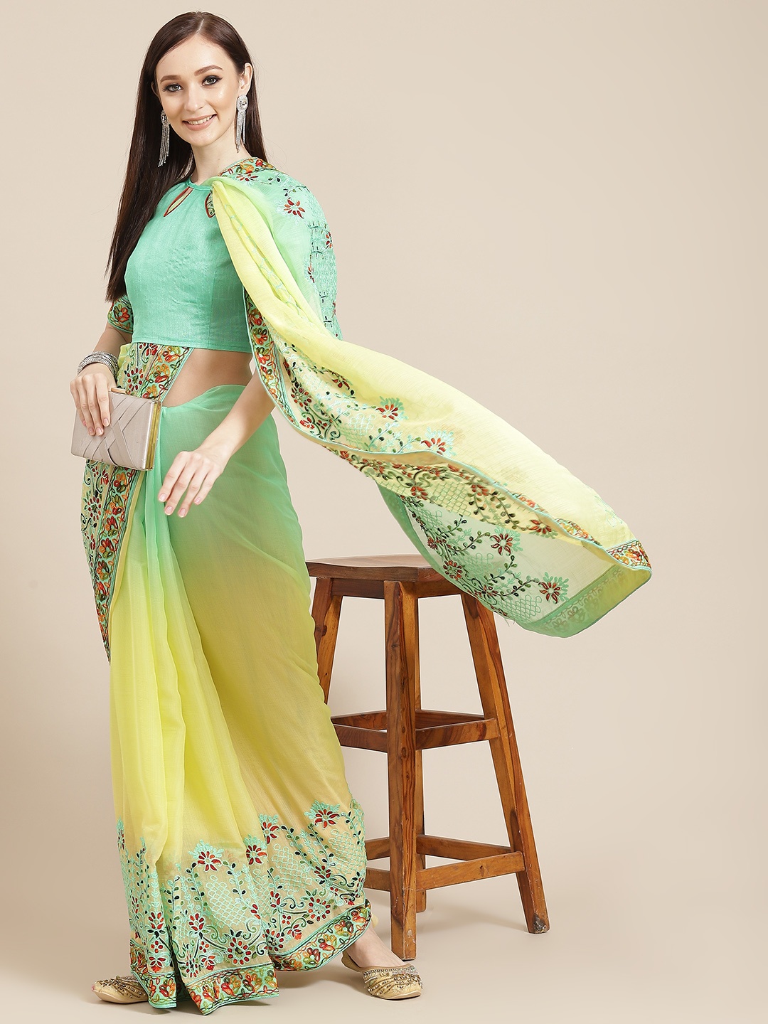 

SERONA FABRICS Yellow & Green Ethnic Motifs Embroidered Pure Chiffon Saree