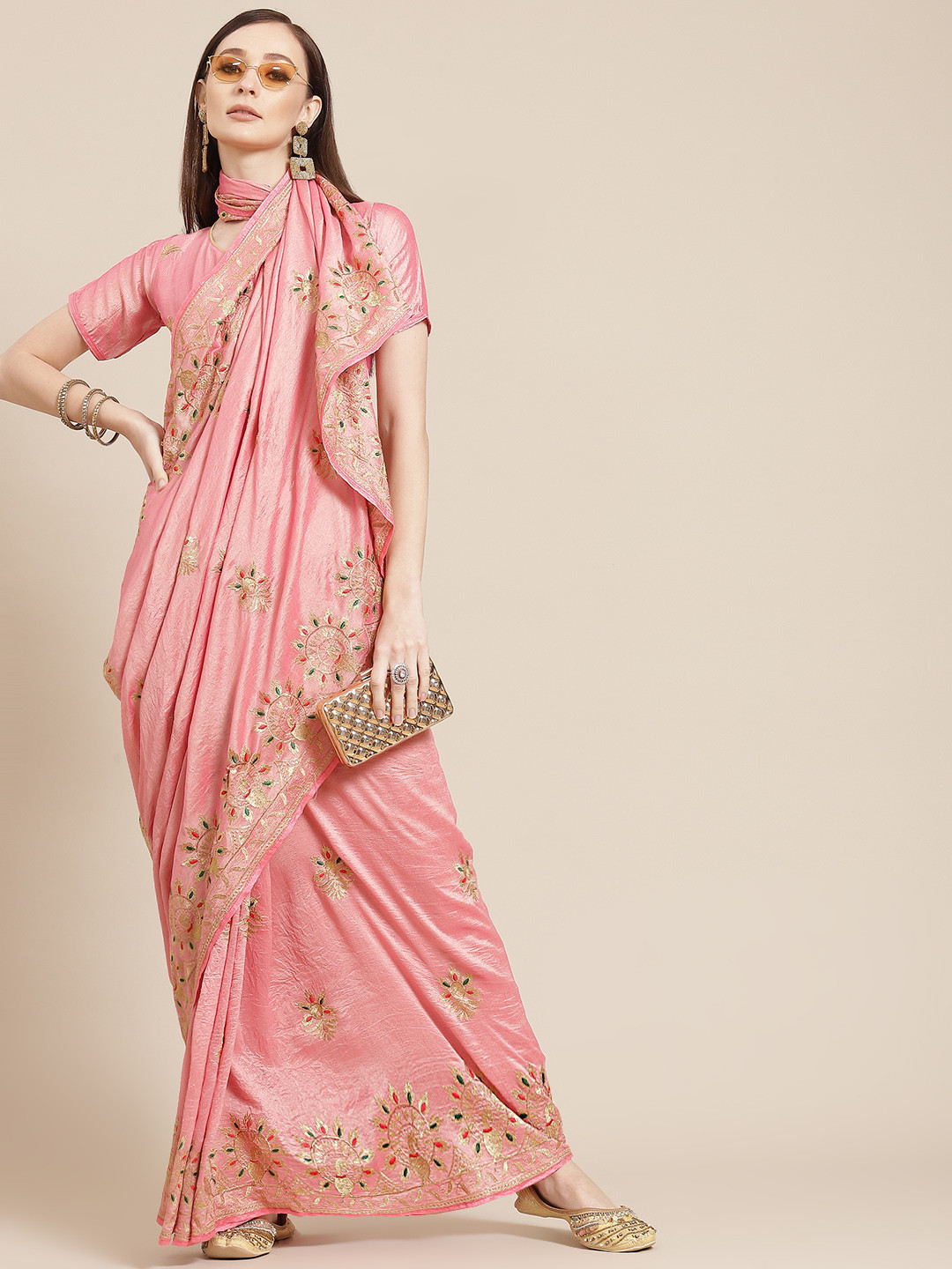 

SERONA FABRICS Pink & Beige Ethnic Motifs Embroidered Silk Blend Saree