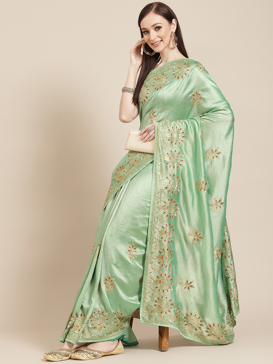 

SERONA FABRICS Green & Beige Ethnic Motifs Embroidered Silk Blend Saree