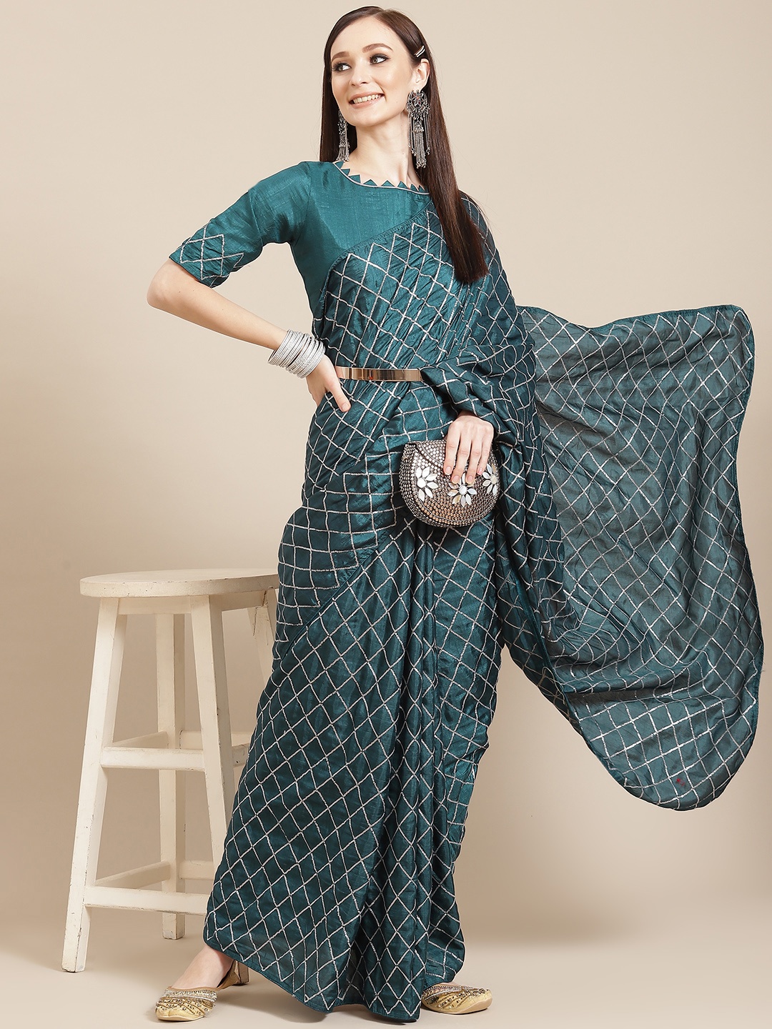 

SERONA FABRICS Green Embellished Sequinned Silk Blend Saree