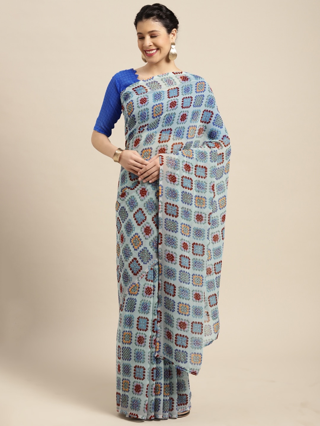 

KALINI Blue & Multicoloured Geometric Printed Saree