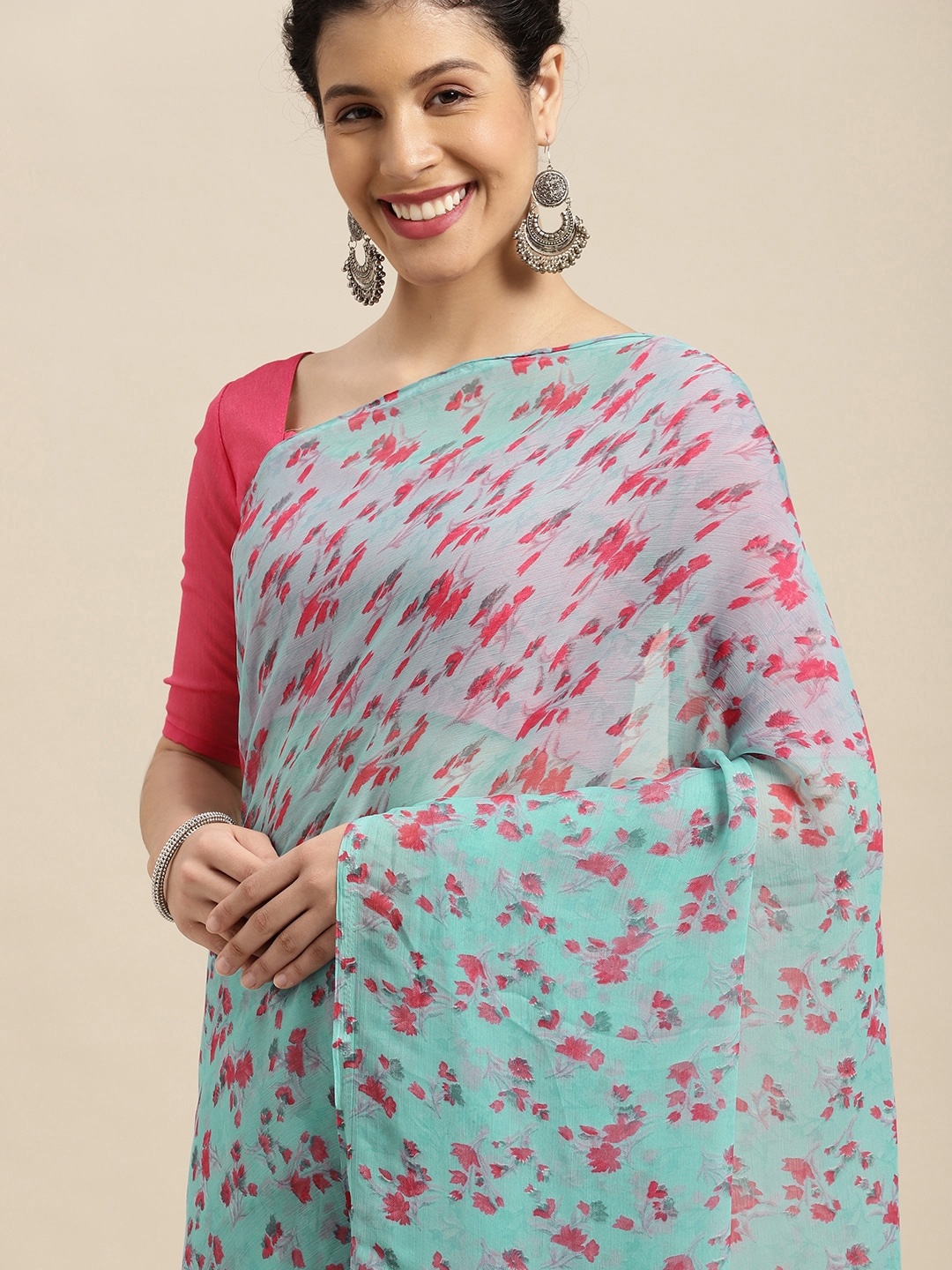 

KALINI Blue & Peach-Coloured Floral Chiffon Saree