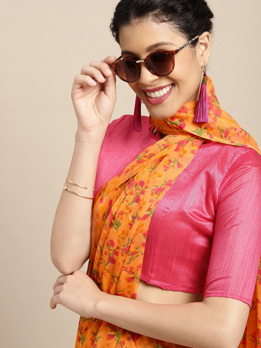 

KALINI Peach & Pink Floral Chiffon Saree