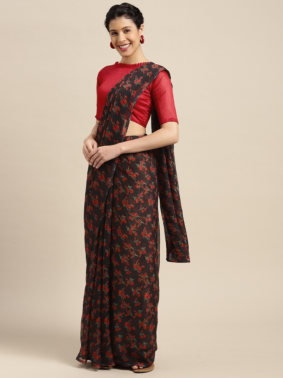

KALINI Black & Red Floral Chiffon Saree