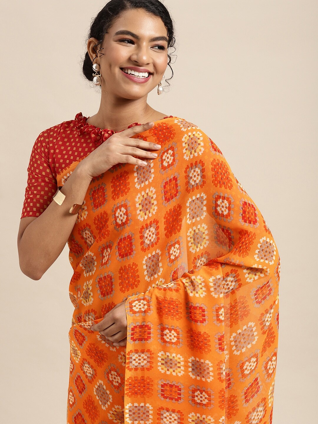 

KALINI Orange & Red Geometric Printed Saree