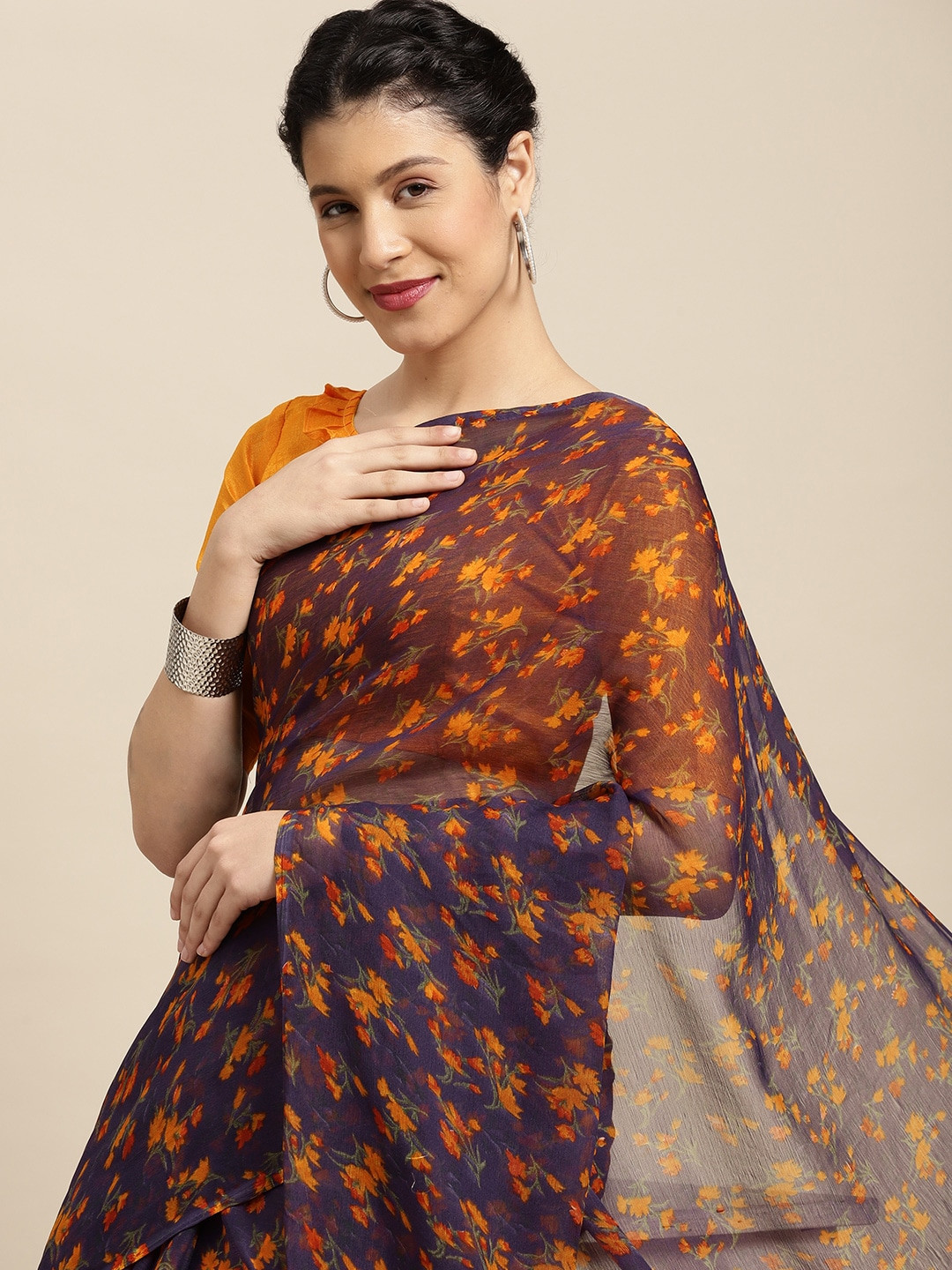 

KALINI Navy Blue & Orange Floral Saree