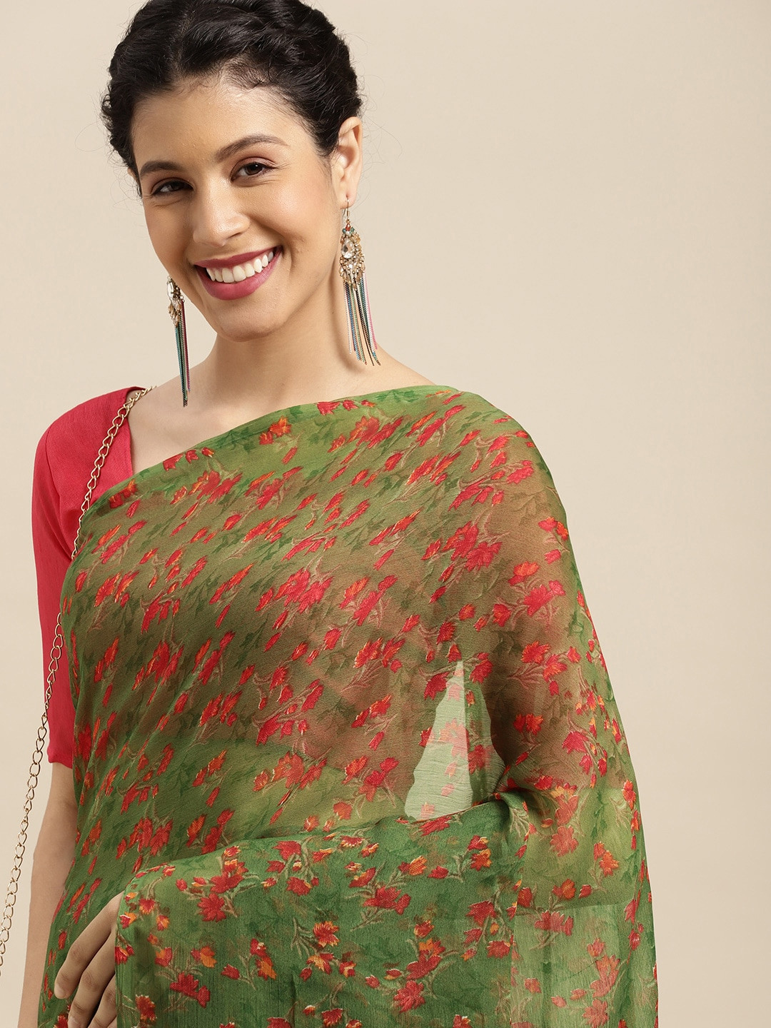 

KALINI Green & Red Floral Chiffon Saree